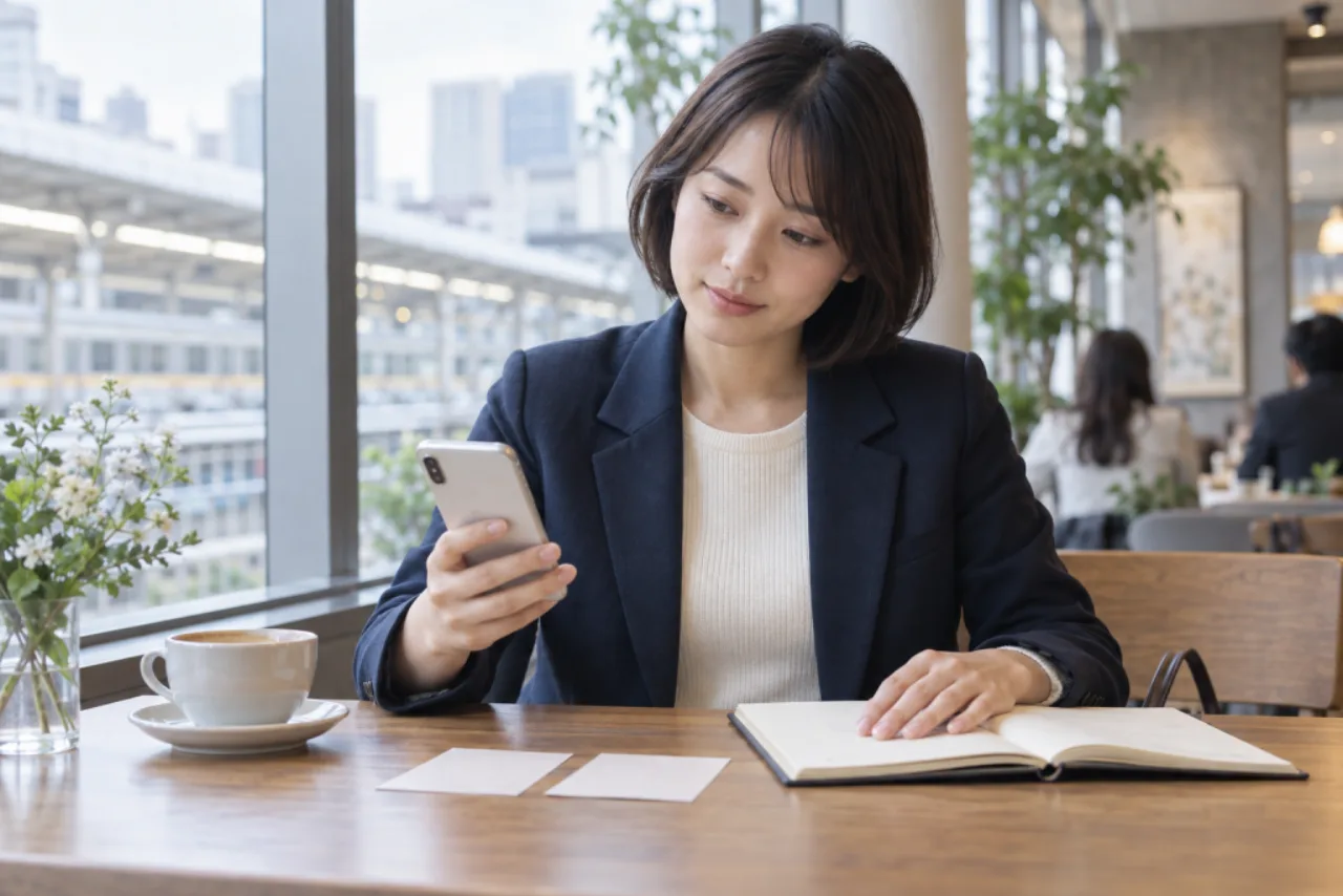 土曜のカフェで美容予約の候補をノートへ書き出す葵さん