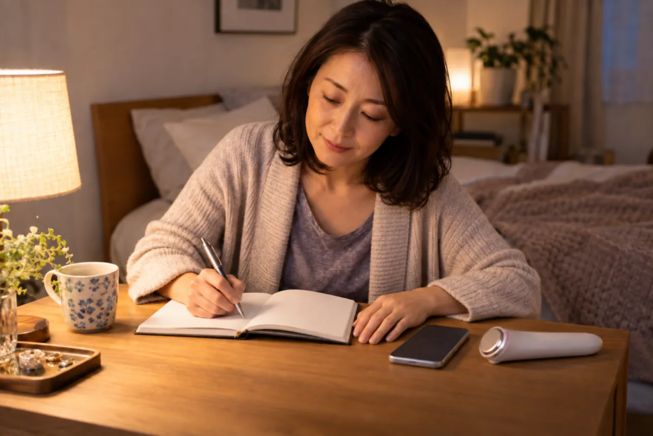夜の寝室で美容家電の購入画面を閉じ手帳へ目的を書き出す女性