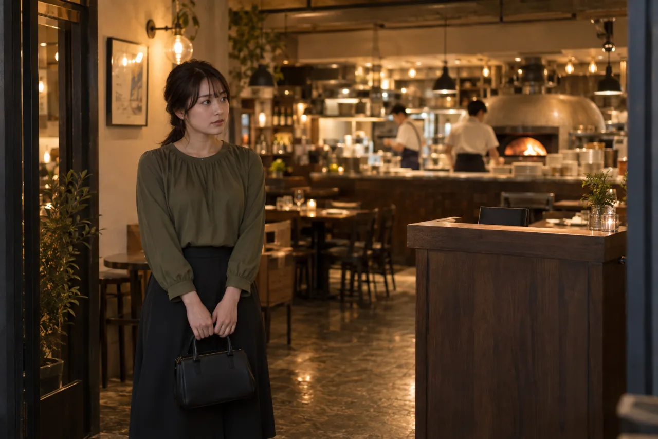 夕方のピザ店入口で案内を待つ一人客の女性の場面イメージ