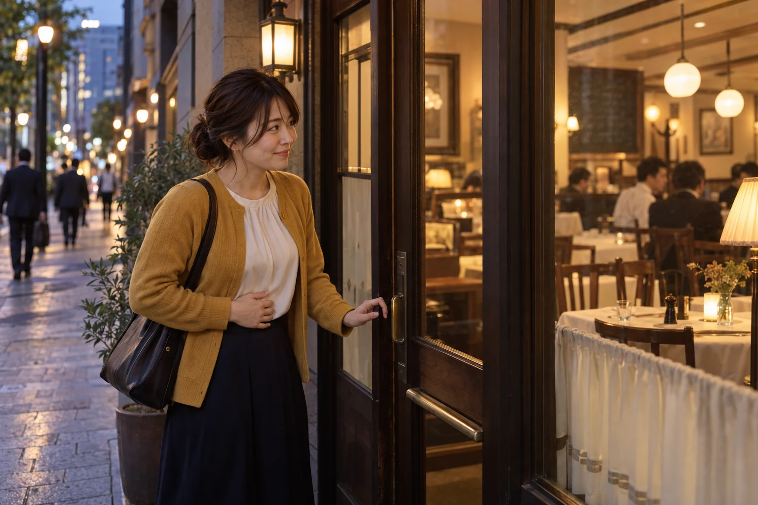 日本橋の洋食店前でお腹に手を添え、扉へ手を伸ばす女性の場面イメージ