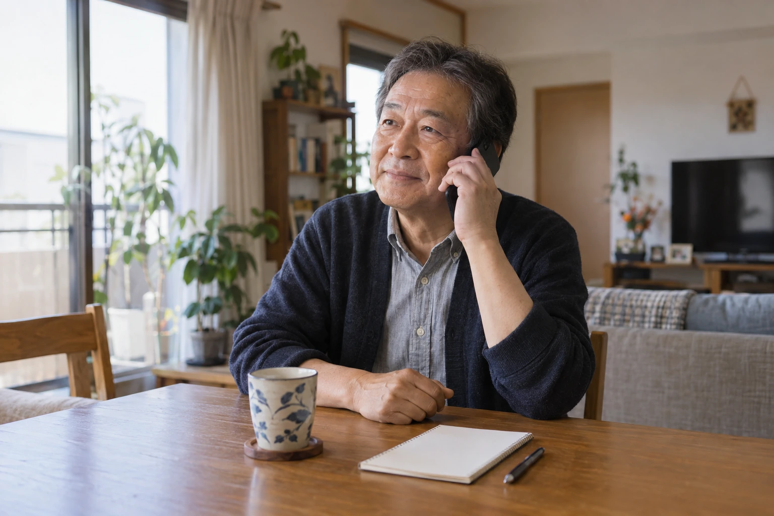 自宅の机で電話を手に、連絡先を整理し始める一人暮らしの人の編集イメージ