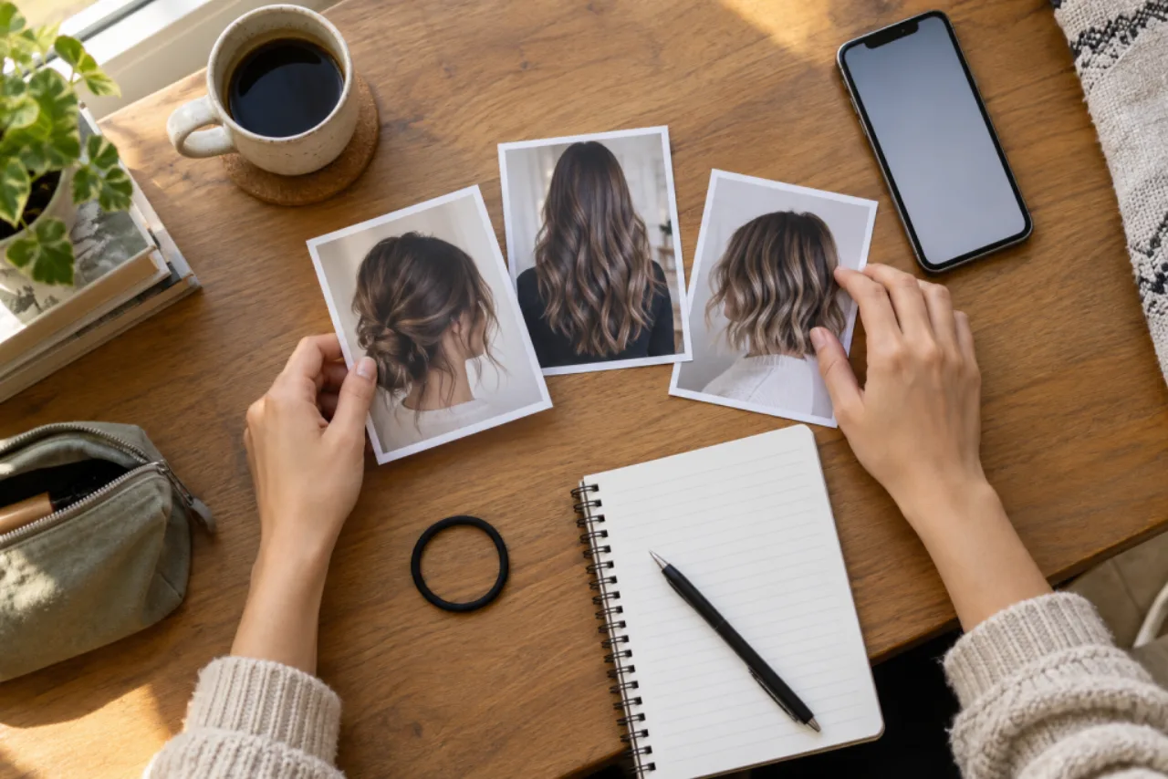 美容室の予約前に髪型写真と手帳を机へ並べて希望を整理する場面