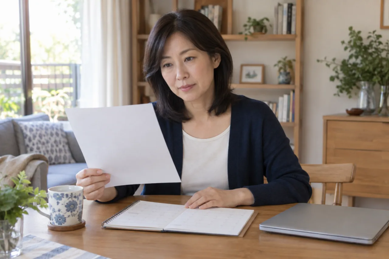 就業規則と一週間の予定を机で確認する美咲さん