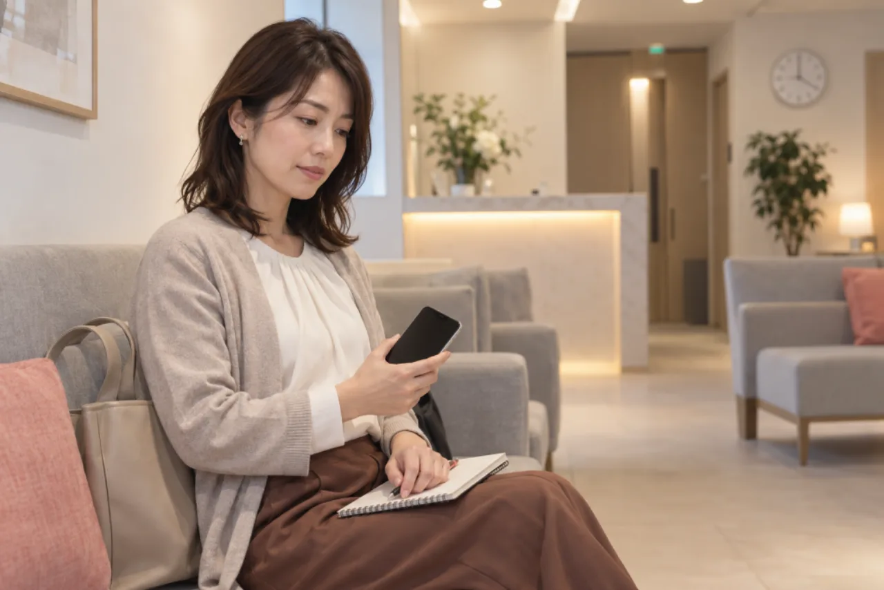 美容クリニックの待合室で質問ノートとスマートフォンを持って相談を待つ女性