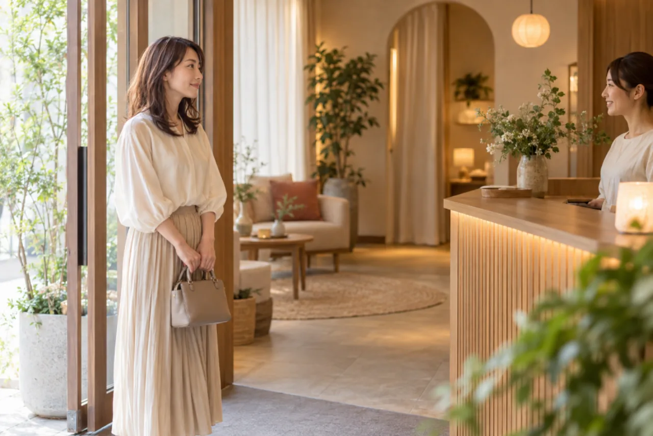 初めてのエステサロンへ一人で到着し受付に立つ女性