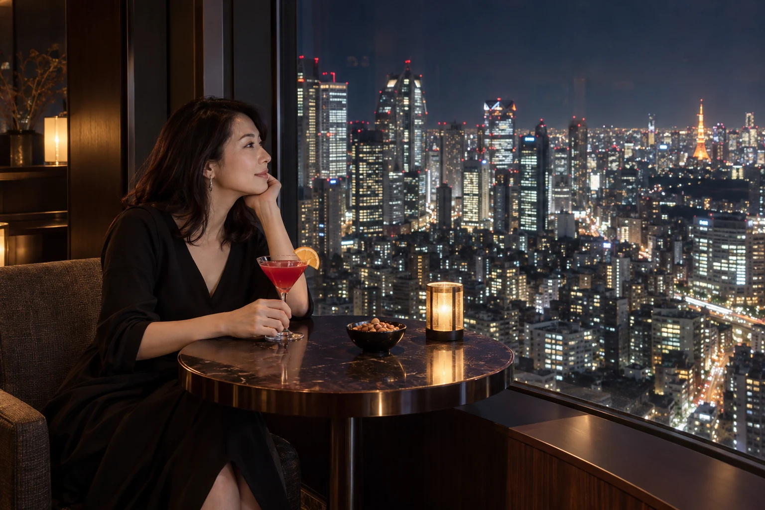 高層階の窓際で赤いカクテルと東京の夜景を一人で楽しむ女性の場面イメージ