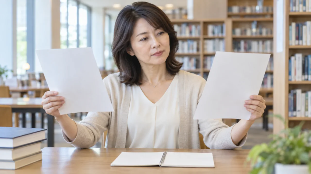 二つの学び方を紙で比べる美咲さん