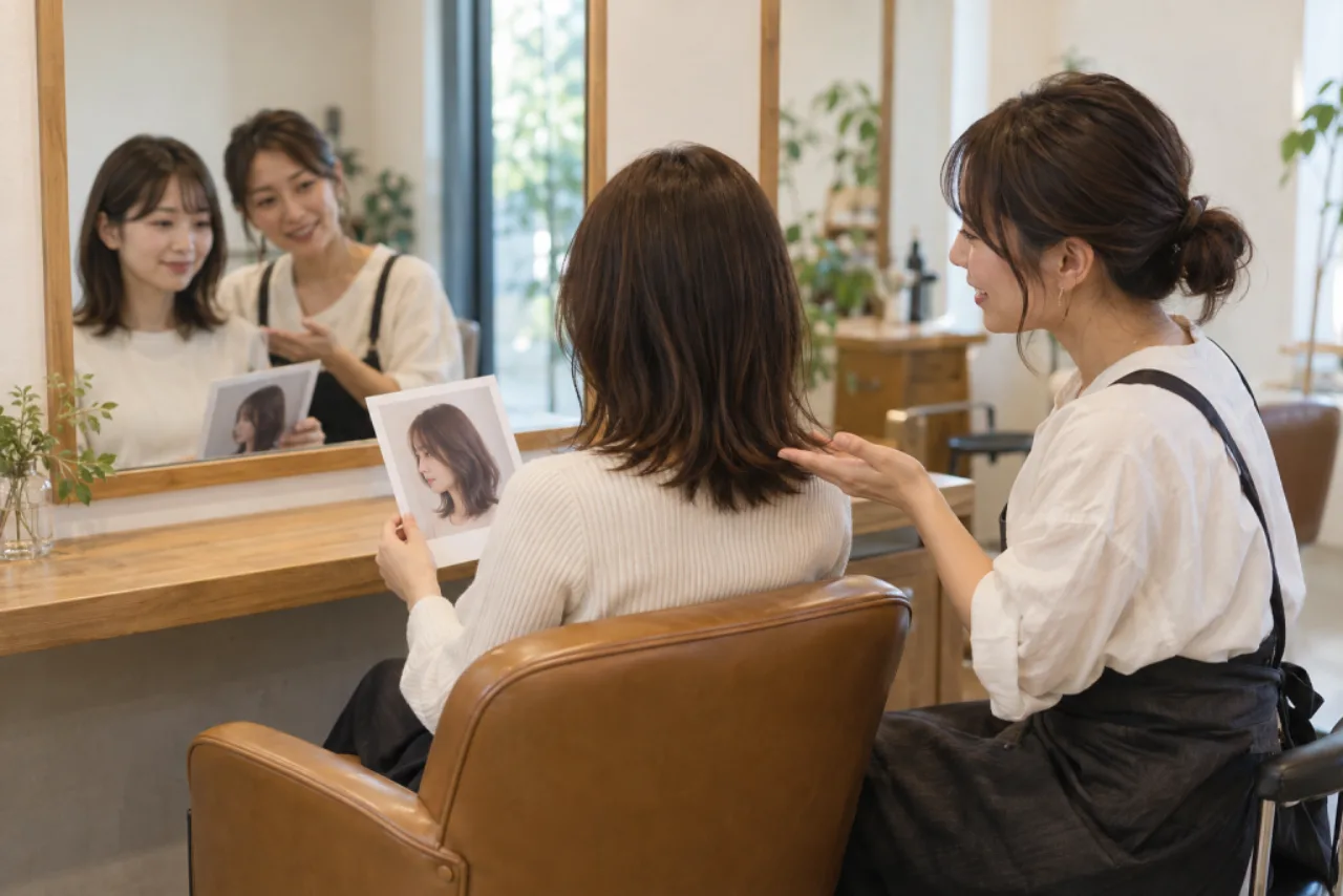 美容室の鏡の前で参考写真を見ながら美容師へ生活上の希望を伝える場面