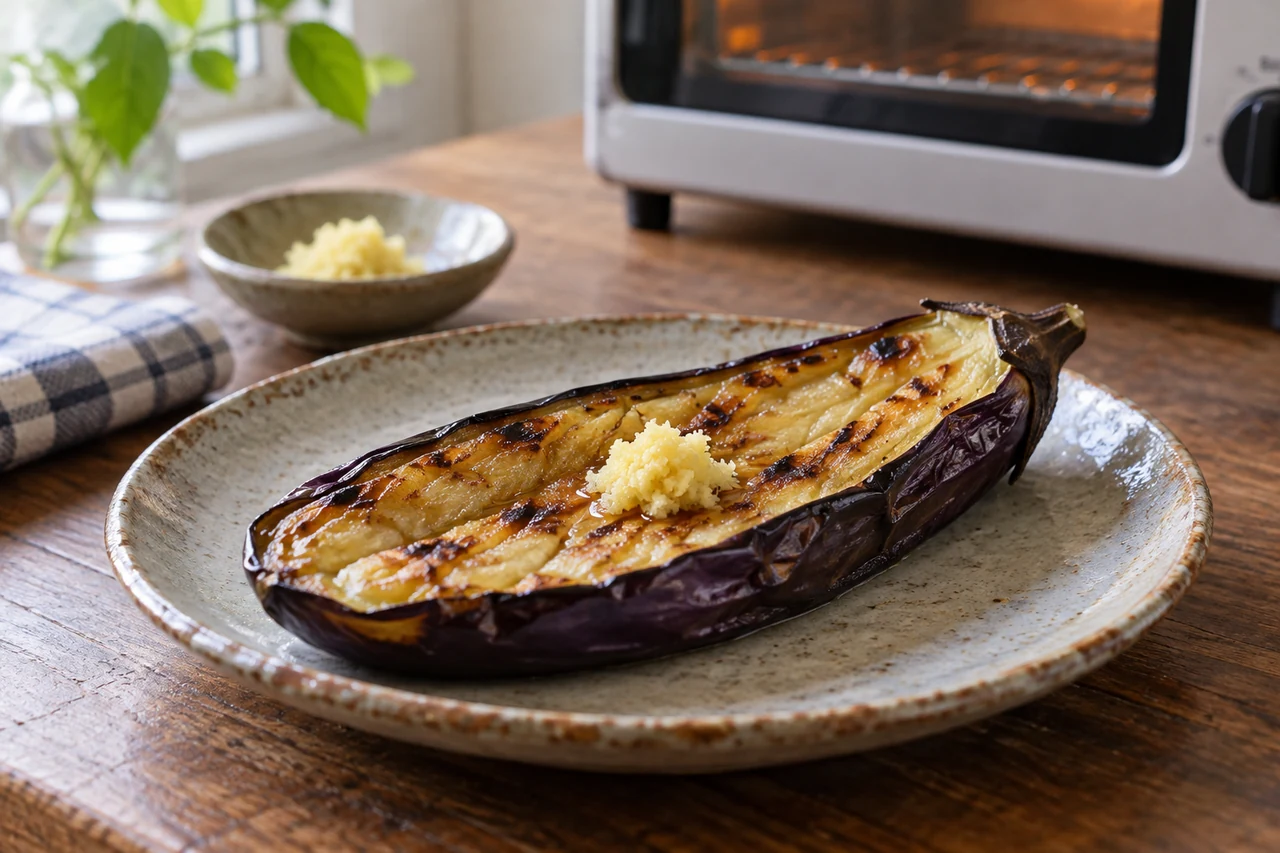 焼きなすにおろししょうがを添えた一人分のイメージ