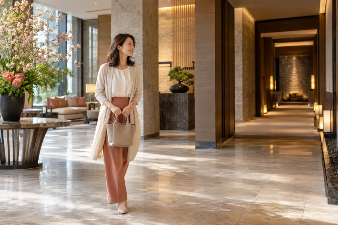 ホテルスパを目的に一人でホテルロビーへ到着した女性