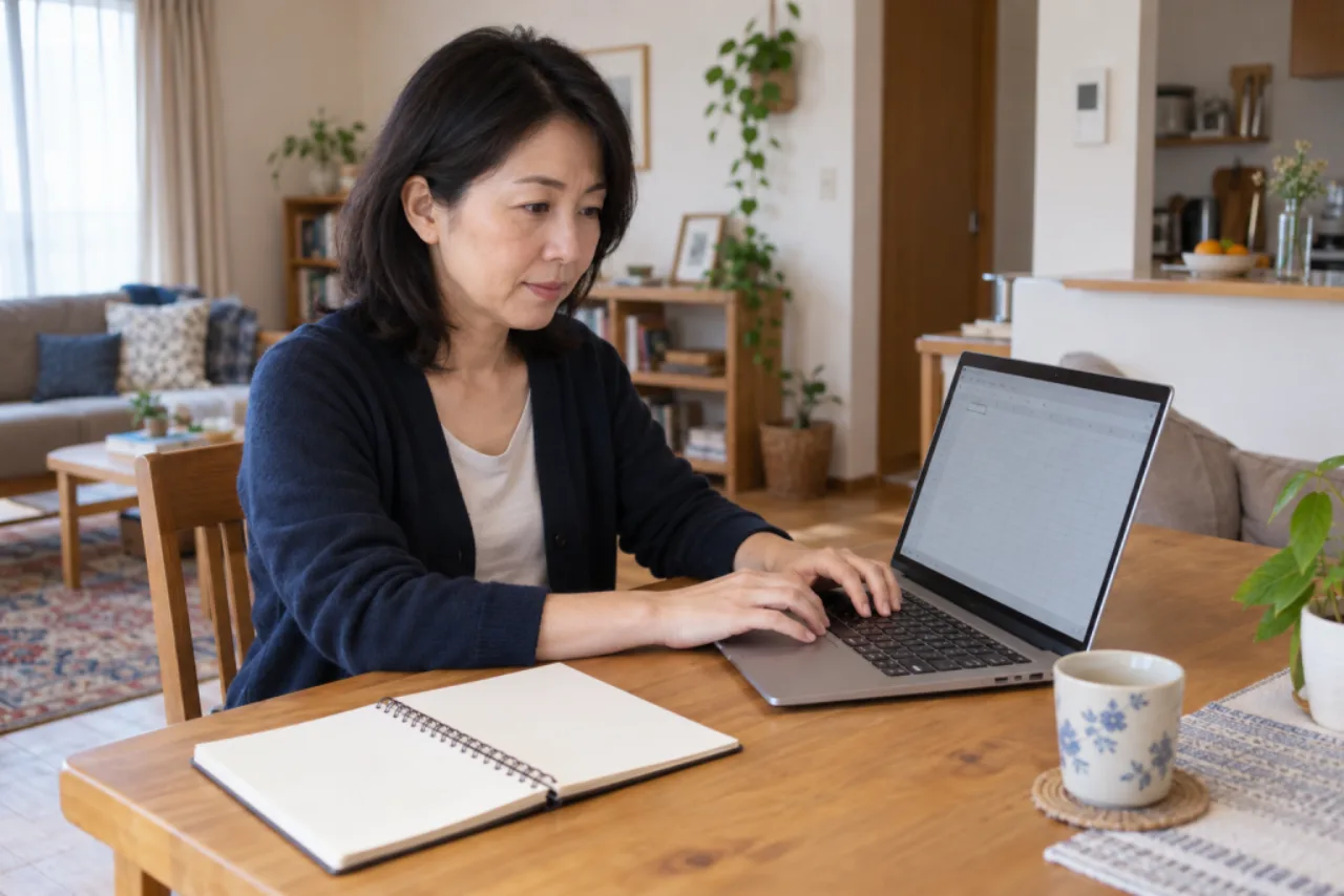 ノートパソコンで架空データの試作品を作る美咲さん