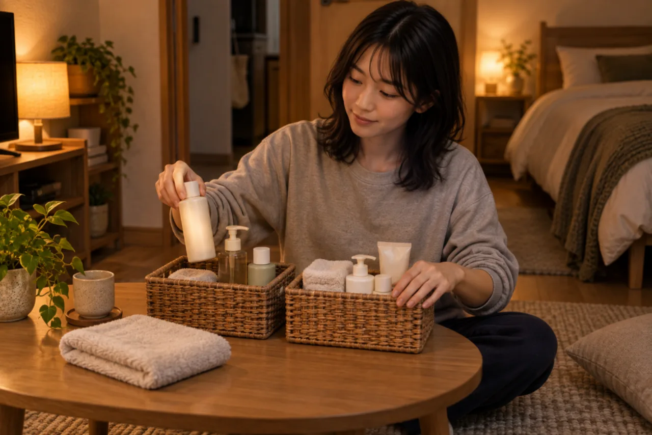 洗面台の前で二つのかごへボディケア用品を分ける栞さん