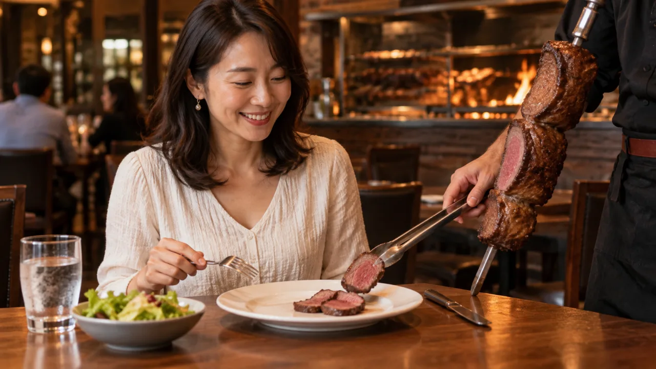 一人席で焼きたての肉を取り分けてもらう女性の場面イメージ