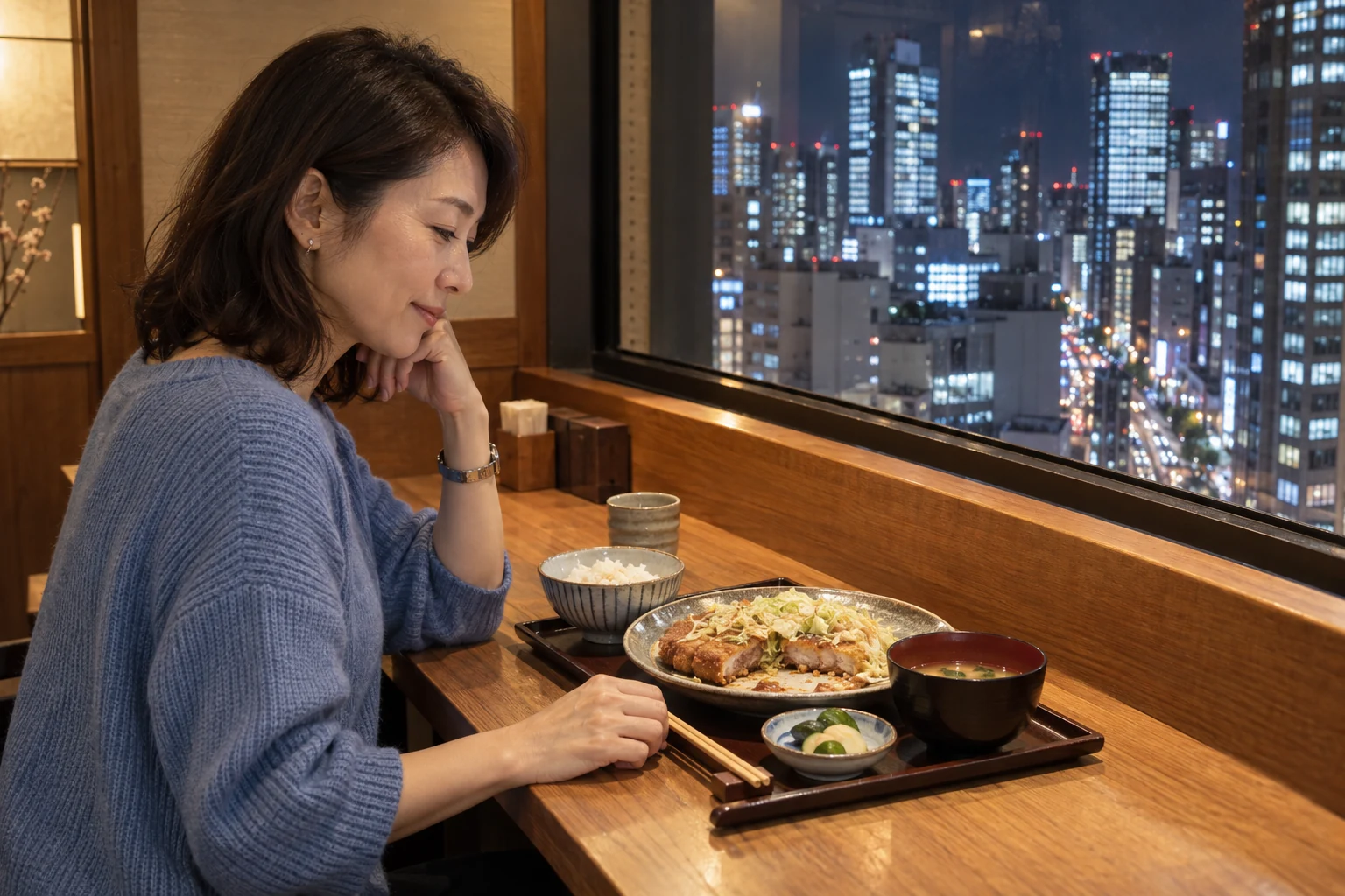 窓辺の一人席でとんかつを半分食べ、お茶を待つ女性の場面イメージ