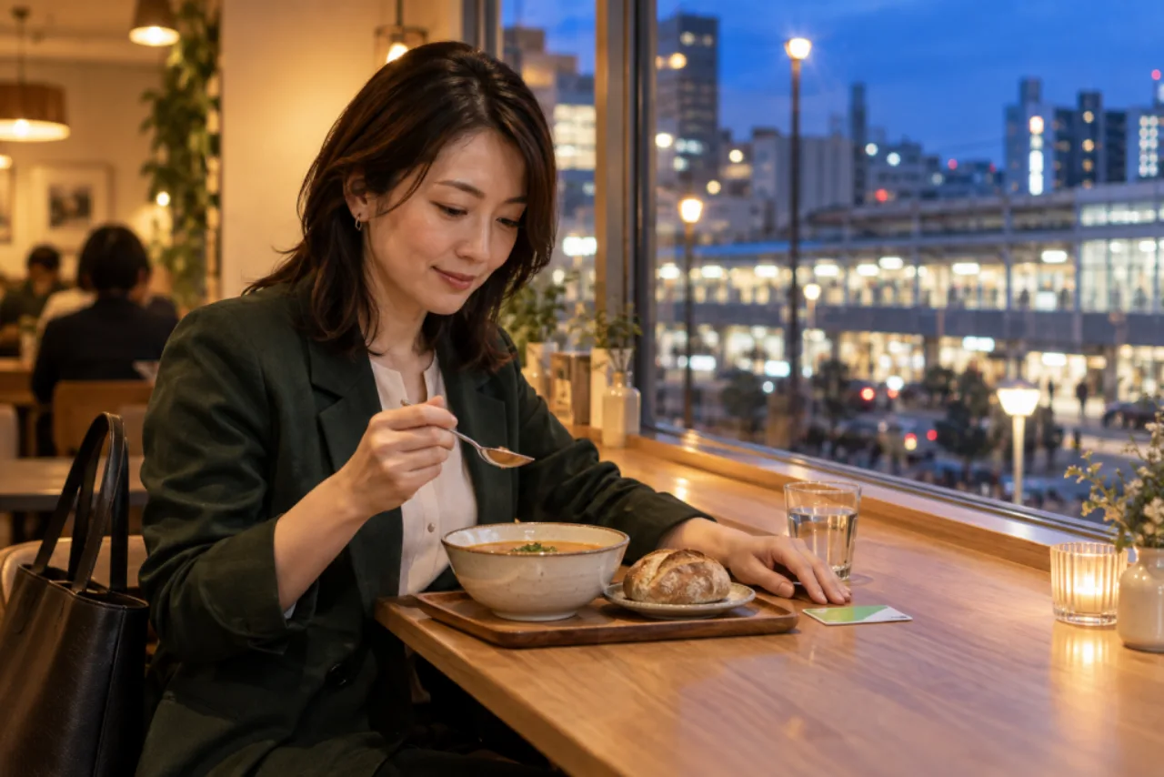 仕事帰りに駅前のカフェでスープを食べ、ヘッドスパへ向かう佳奈さん
