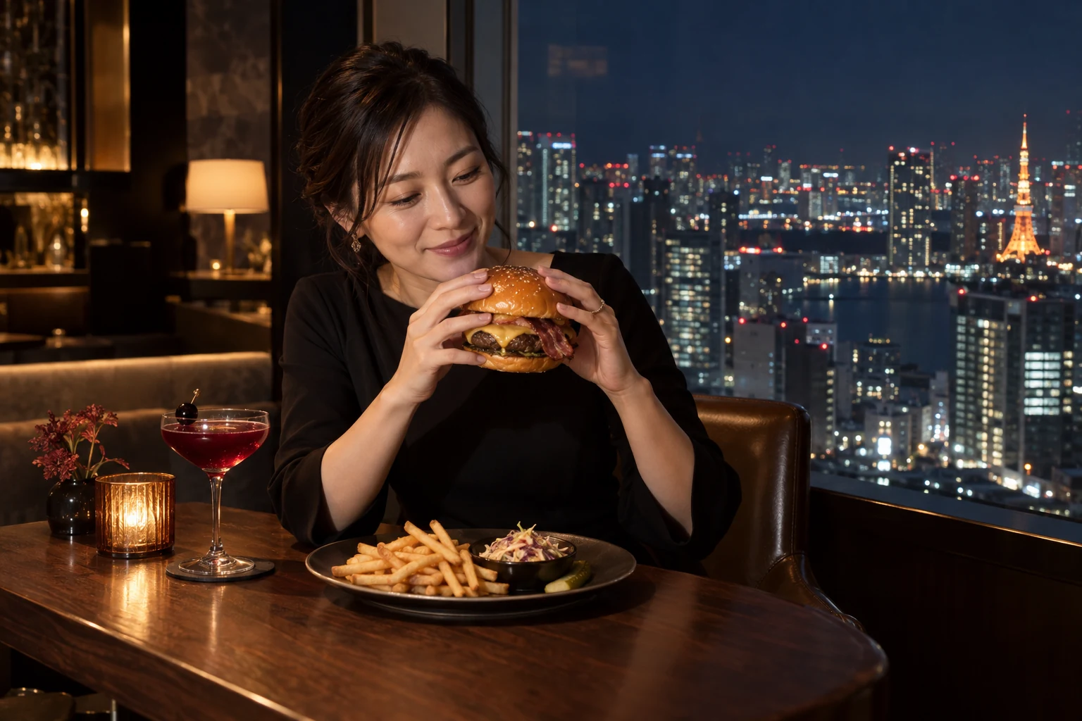 高層階の一人席で和牛風チーズバーガーを手に取る女性の場面イメージ