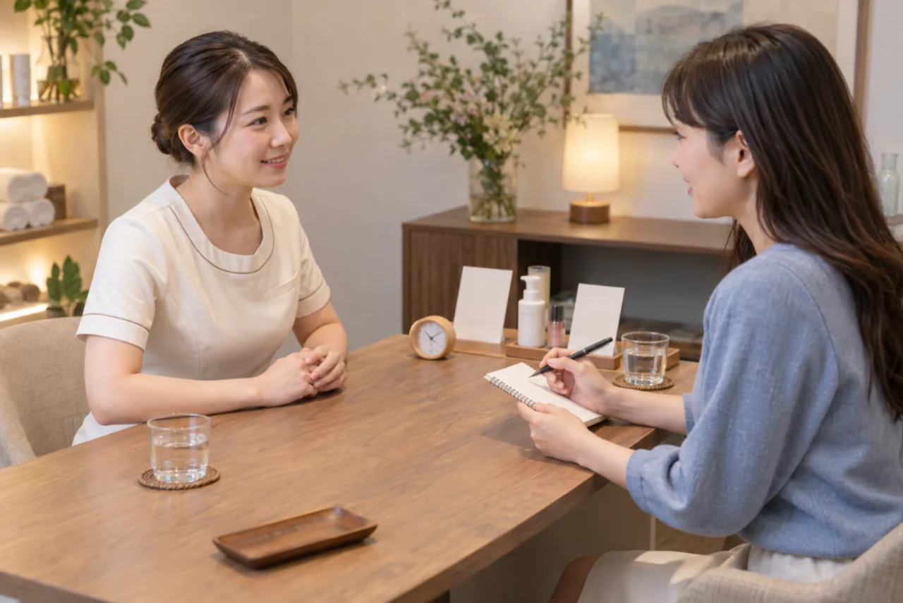 エステのカウンセリングでスタッフへ短い質問メモを見せる女性