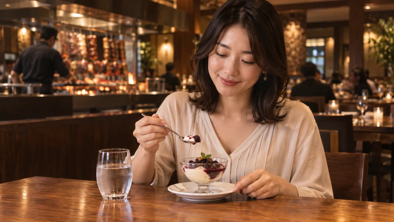 食後に小さなデザートをゆっくり味わう一人客の女性の場面イメージ