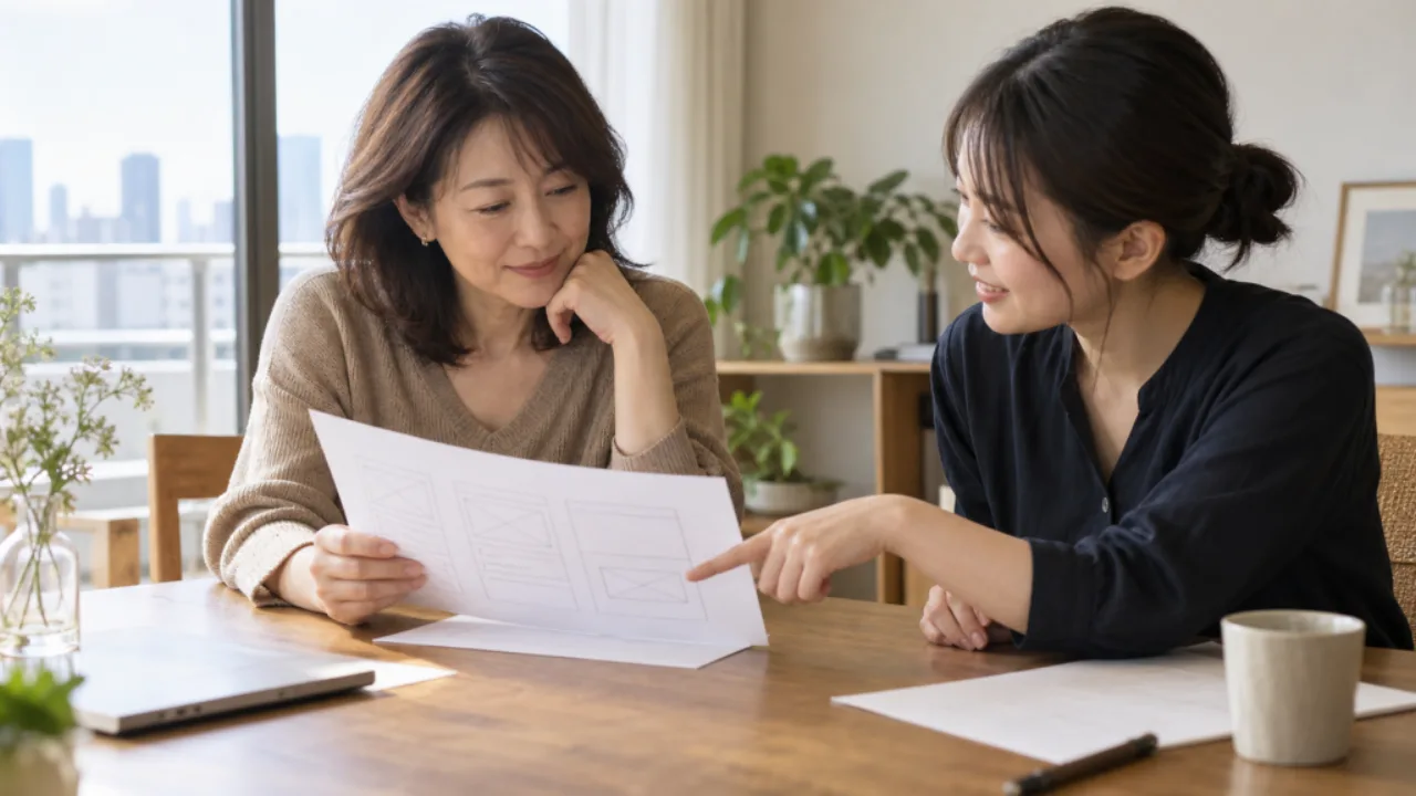 試作品の説明を栞と一緒に確認する美咲さん