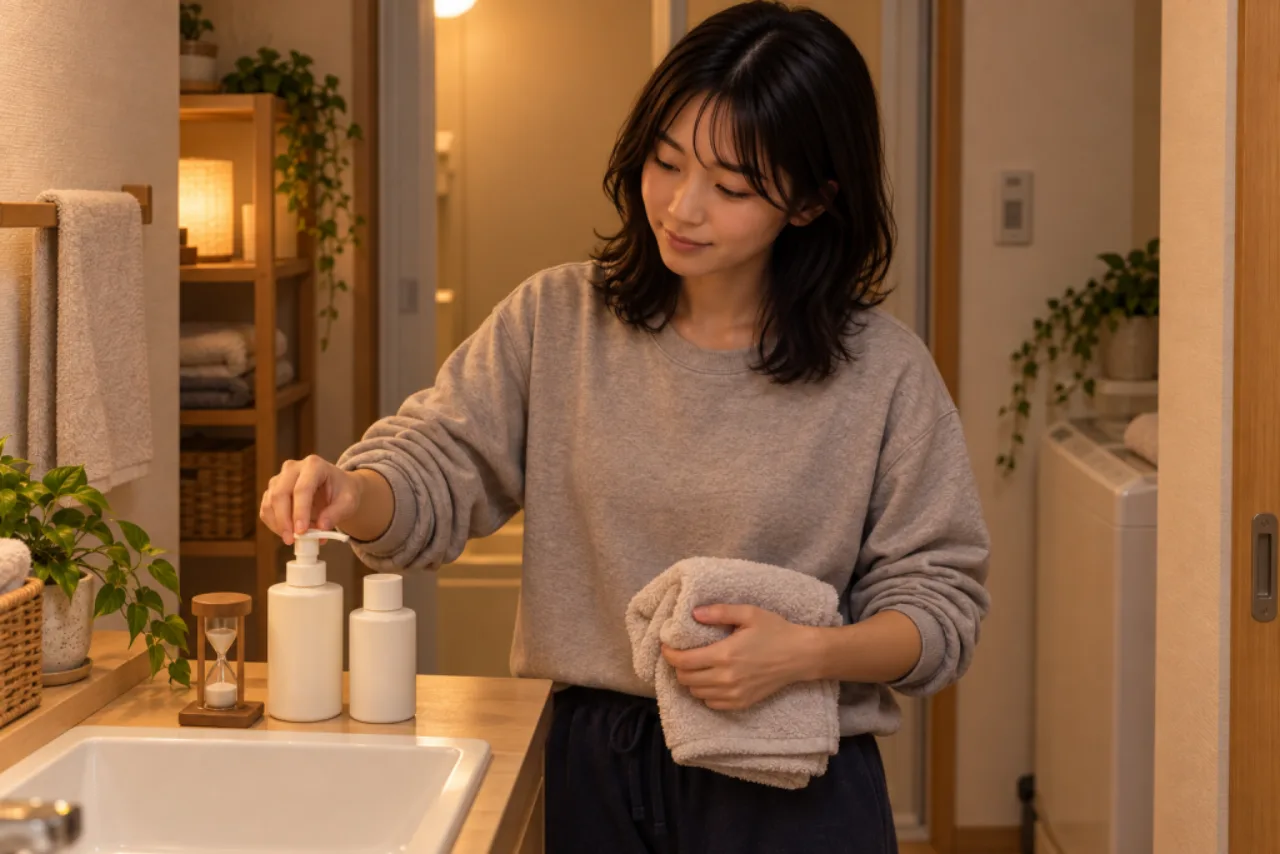 湯上がりの洗面台で一つのボディケア用品とタオルを用意する栞さん
