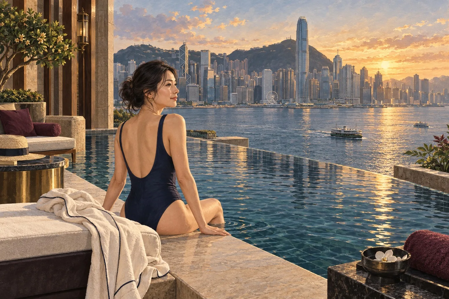 香港の港を望む高級ホテルのプールで一人過ごす女性の情景イラスト
