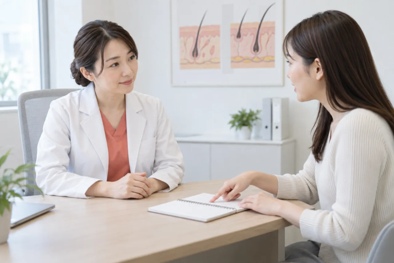 医療脱毛の初回相談で女性医師へノートの質問を見せる女性