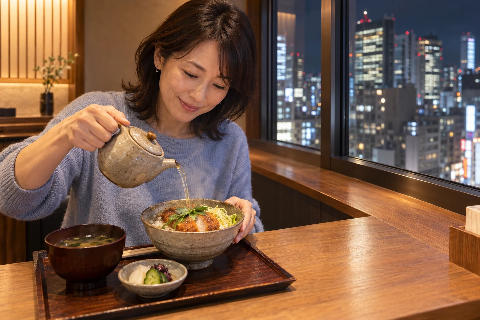 ごはんととんかつへお茶を注ぐ一人客の場面イメージ