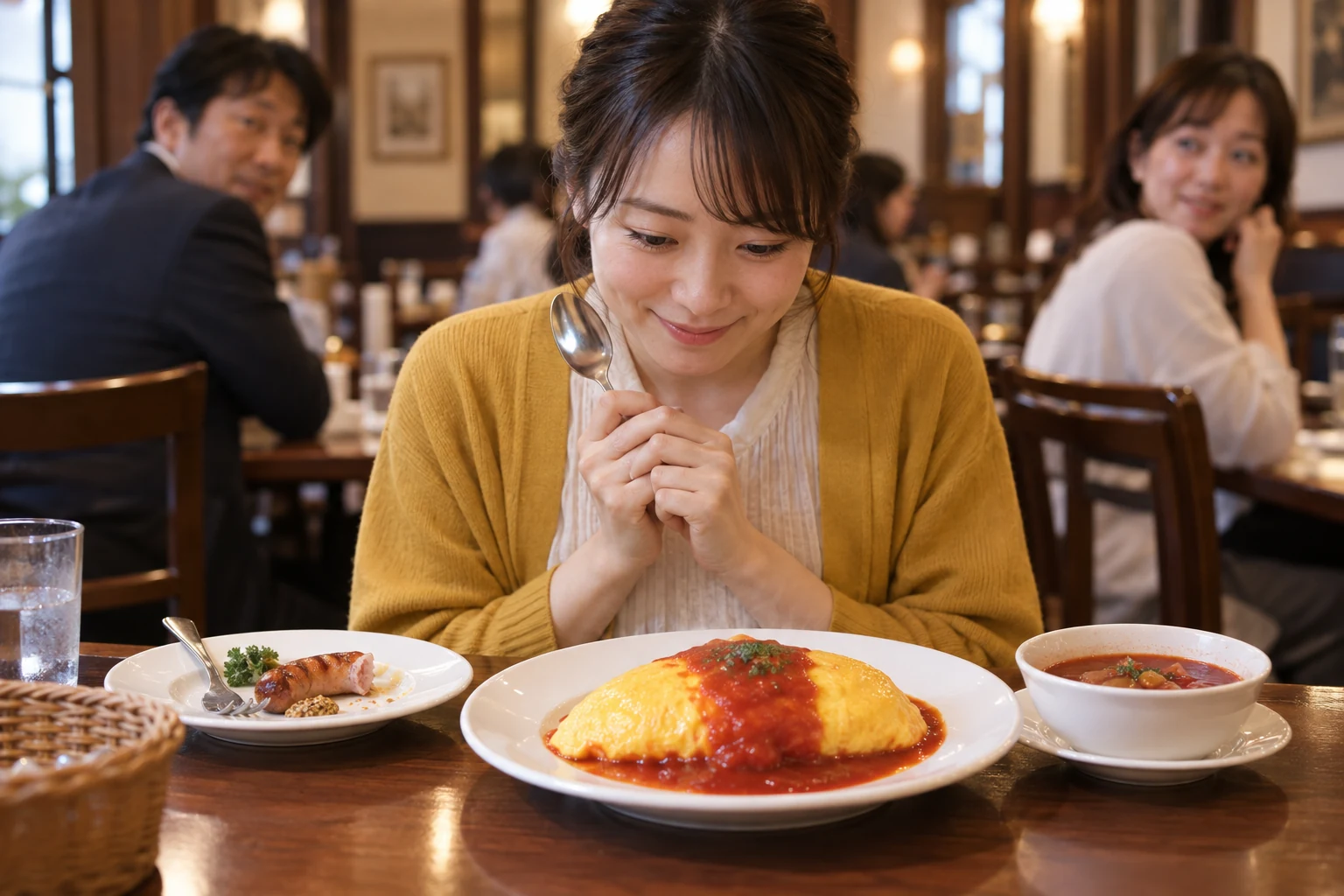 ボルシチとソーセージに続いて届いたオムレツを見つめる一人客の場面イメージ