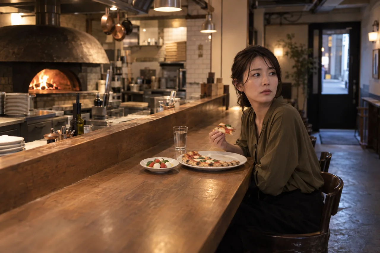 焼きたてのマルゲリータを前に出口を気にする一人客の女性の場面イメージ