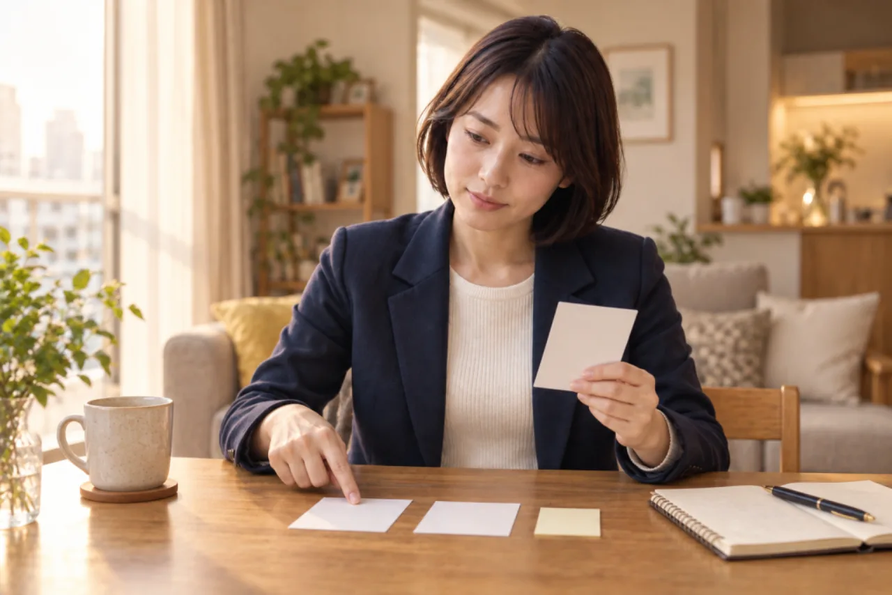 二つの候補カードと保留のメモを机に並べる葵さん