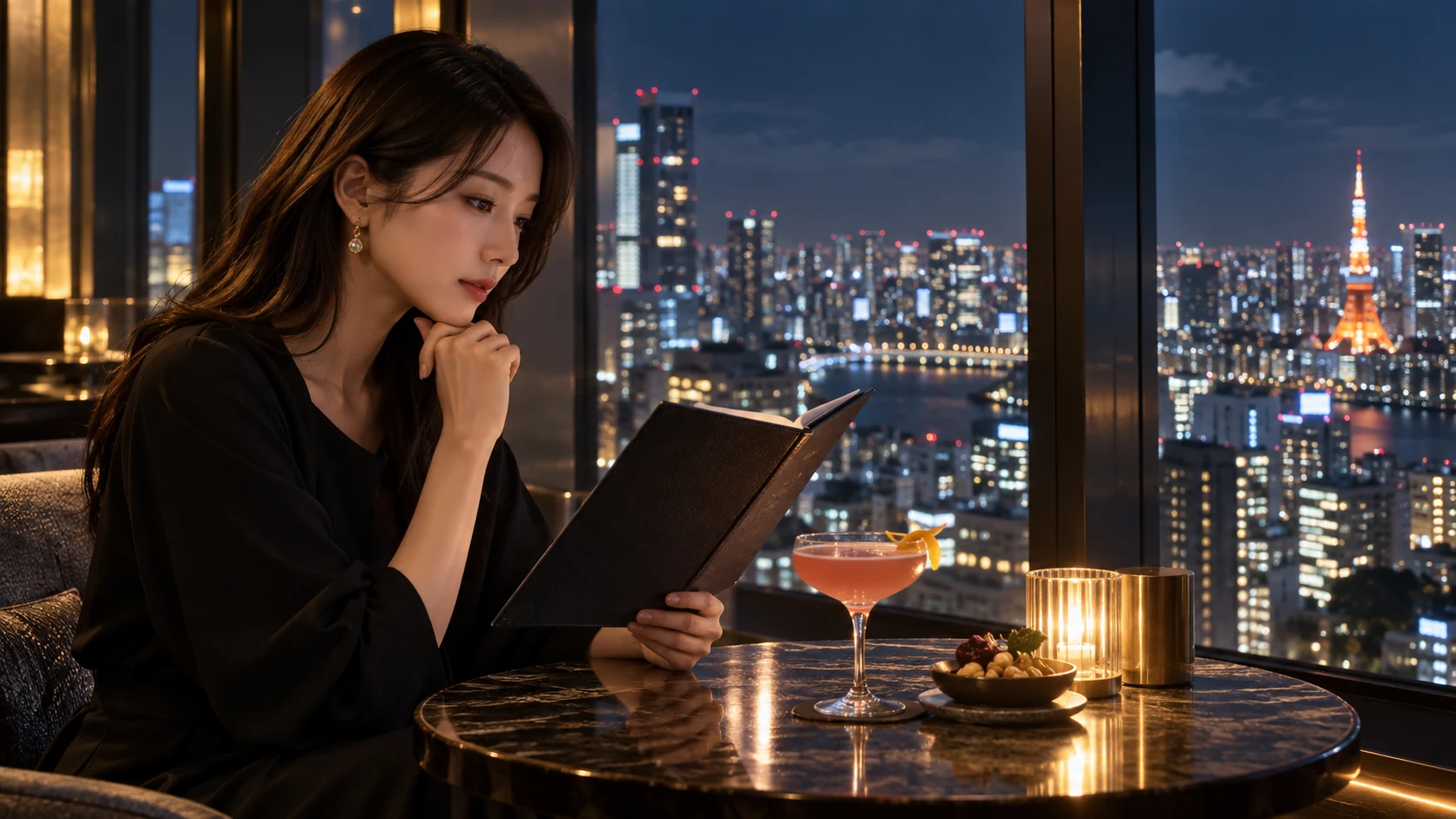 高層階のバーでメニューを見ながら予算と滞在時間を考える女性
