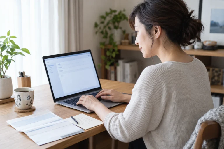 健診案内を手元に置いて会社の担当窓口へ問い合わせを作成する女性のイメージ