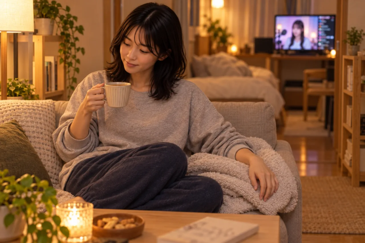 湯上がりに部屋のソファで温かい飲み物を持ち、ゆっくり過ごす栞さん
