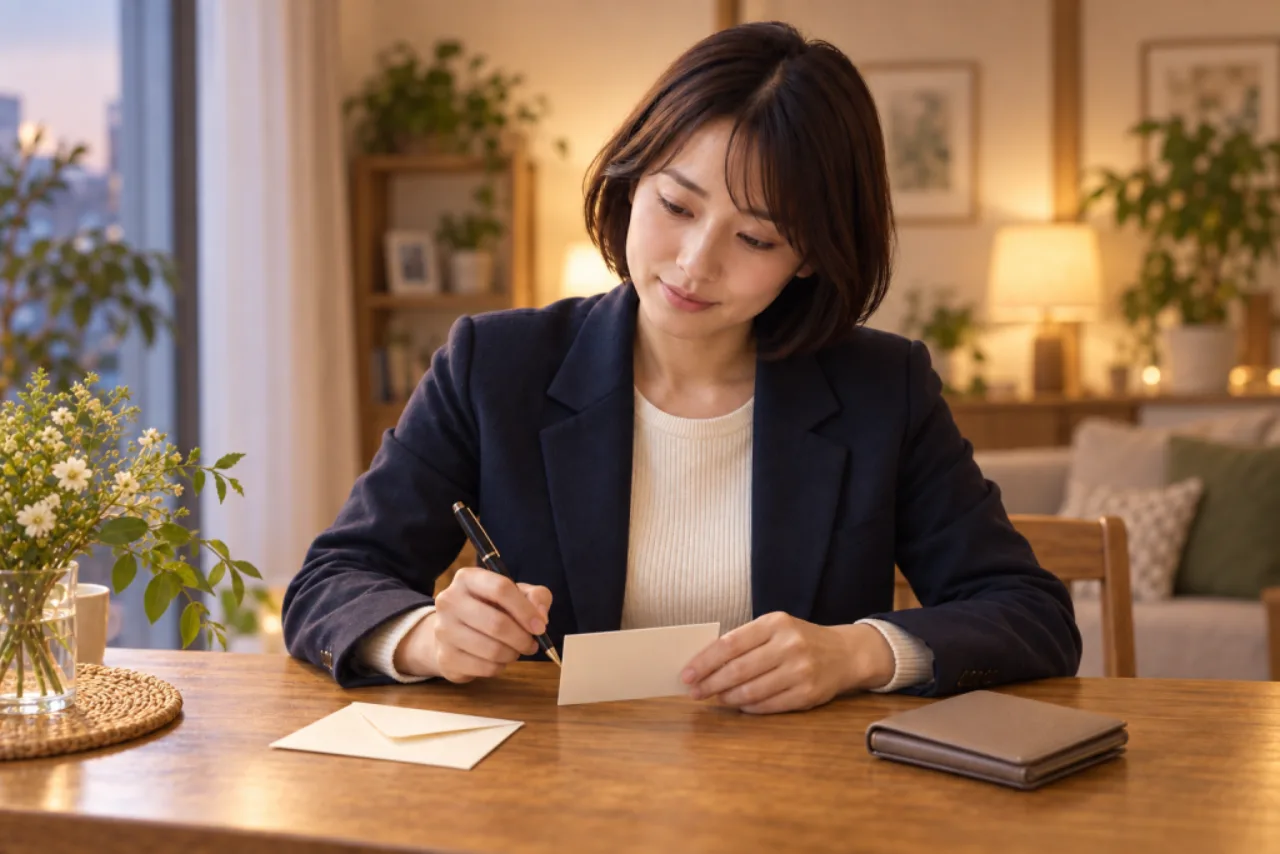 予約用の予算上限をメモした封筒と財布を机に置いた場面