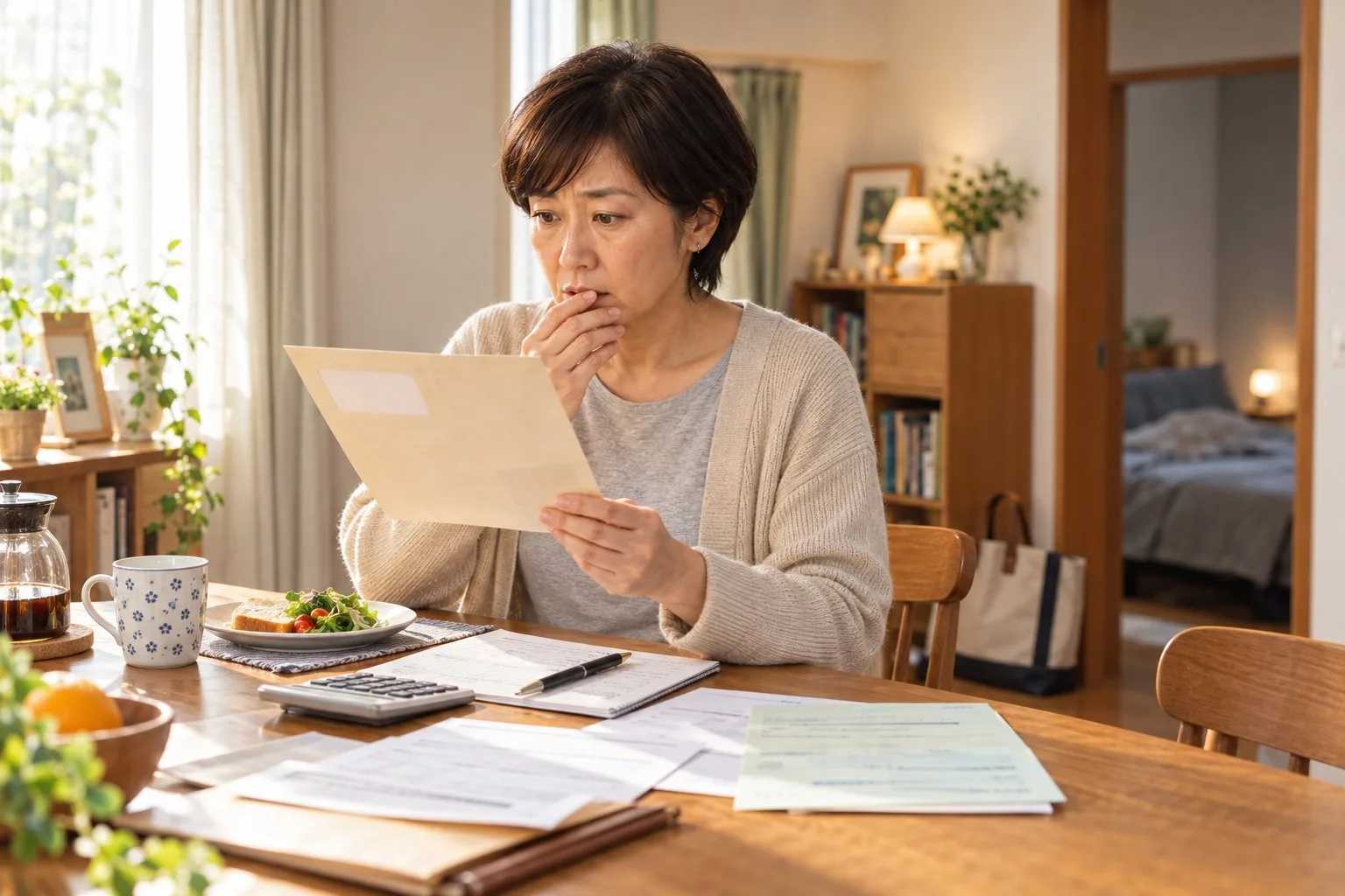 退職後の健康保険料の通知を見て驚き比較を始める美咲さん