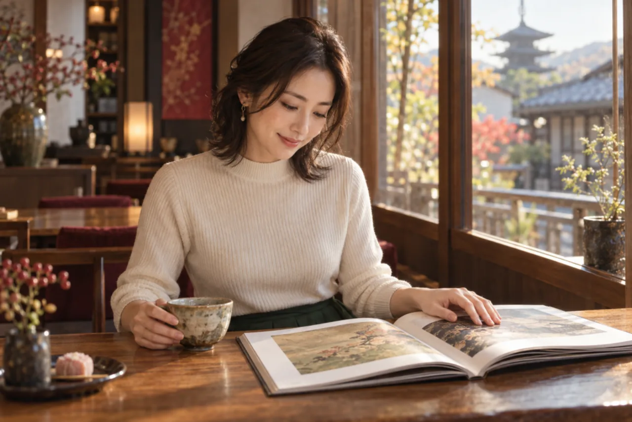 休日の窓辺でお茶を飲みながら画集を楽しむ佳奈さん