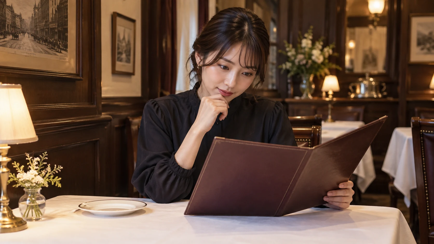 一人で洋食店のメニューを見ながら主菜と追加料理の量を考える女性