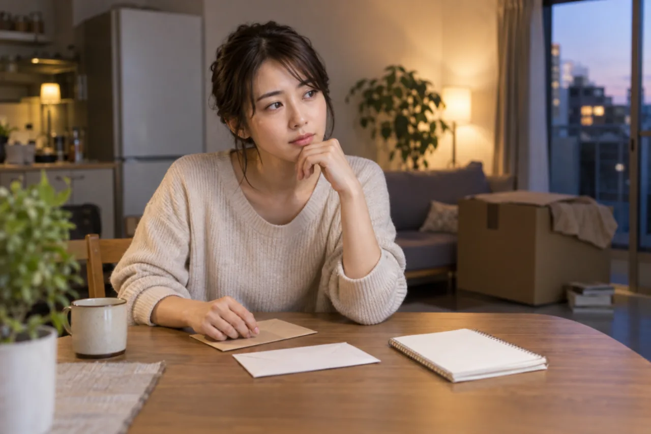 引っ越し前の夕方、封筒とノートを前に支出を考える葵さん