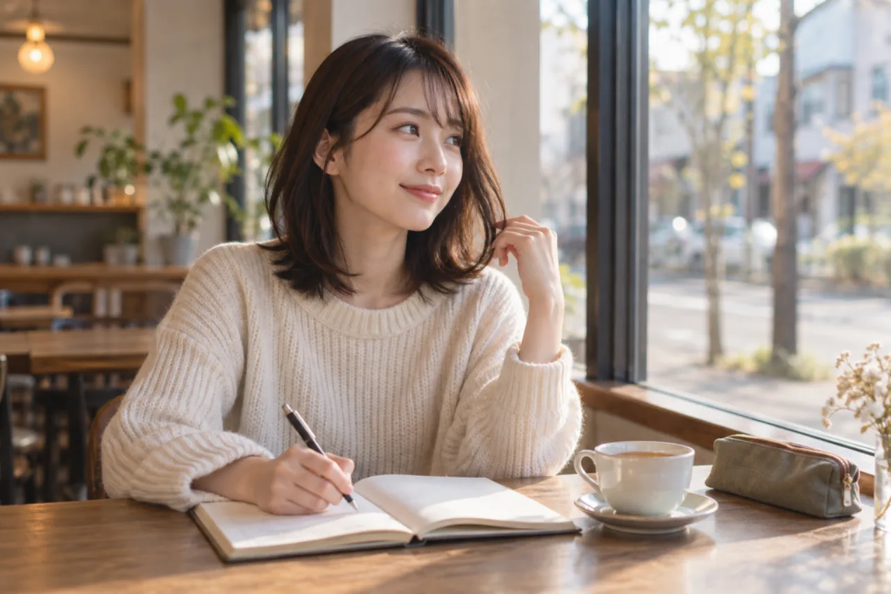 美容室を出た後に喫茶店で髪の扱いやすさを確かめて手帳へ書く女性