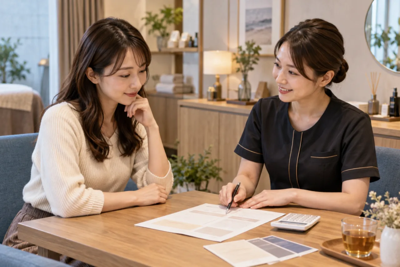 脱毛サロンの相談席でプラン表と電卓を見ながら費用を確認する女性