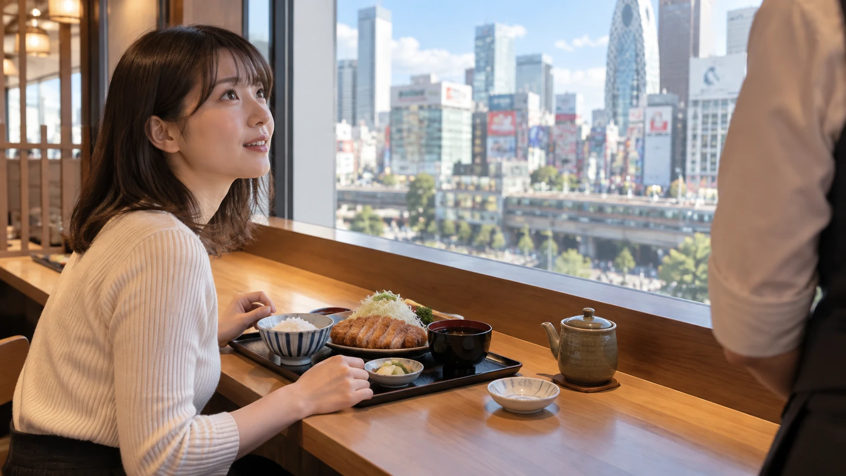 窓辺の一人席でとんかつ茶づけの食べ方を尋ねる女性