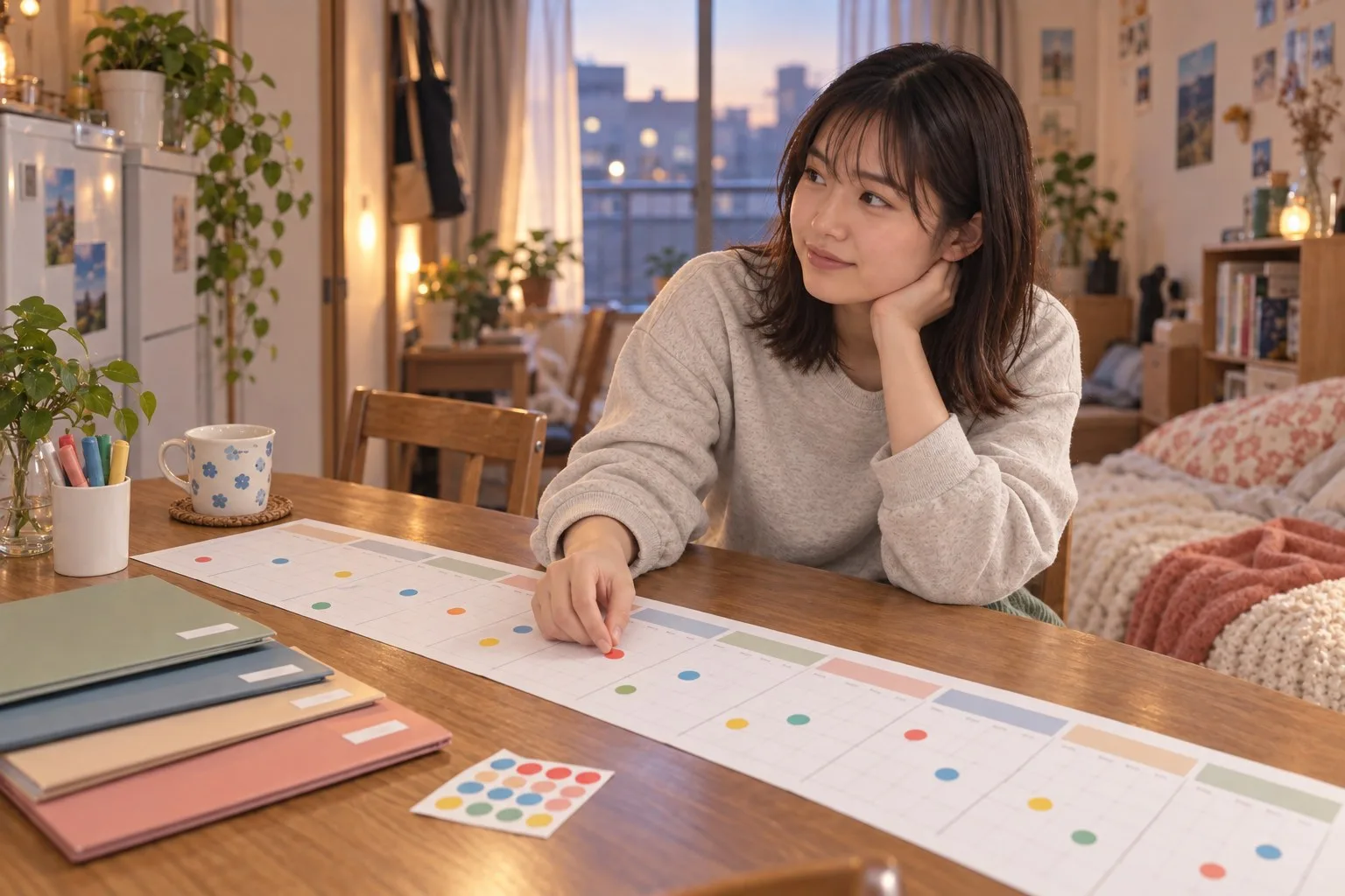十二か月の紙に更新やライブの予定を置く栞さん