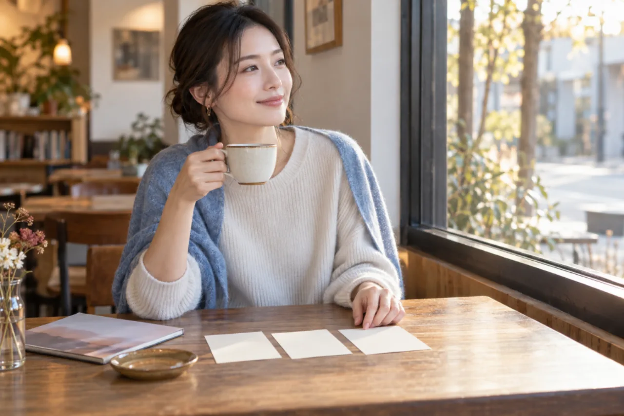 エステ体験後の喫茶店で三枚のカードを使って感想を整理する女性