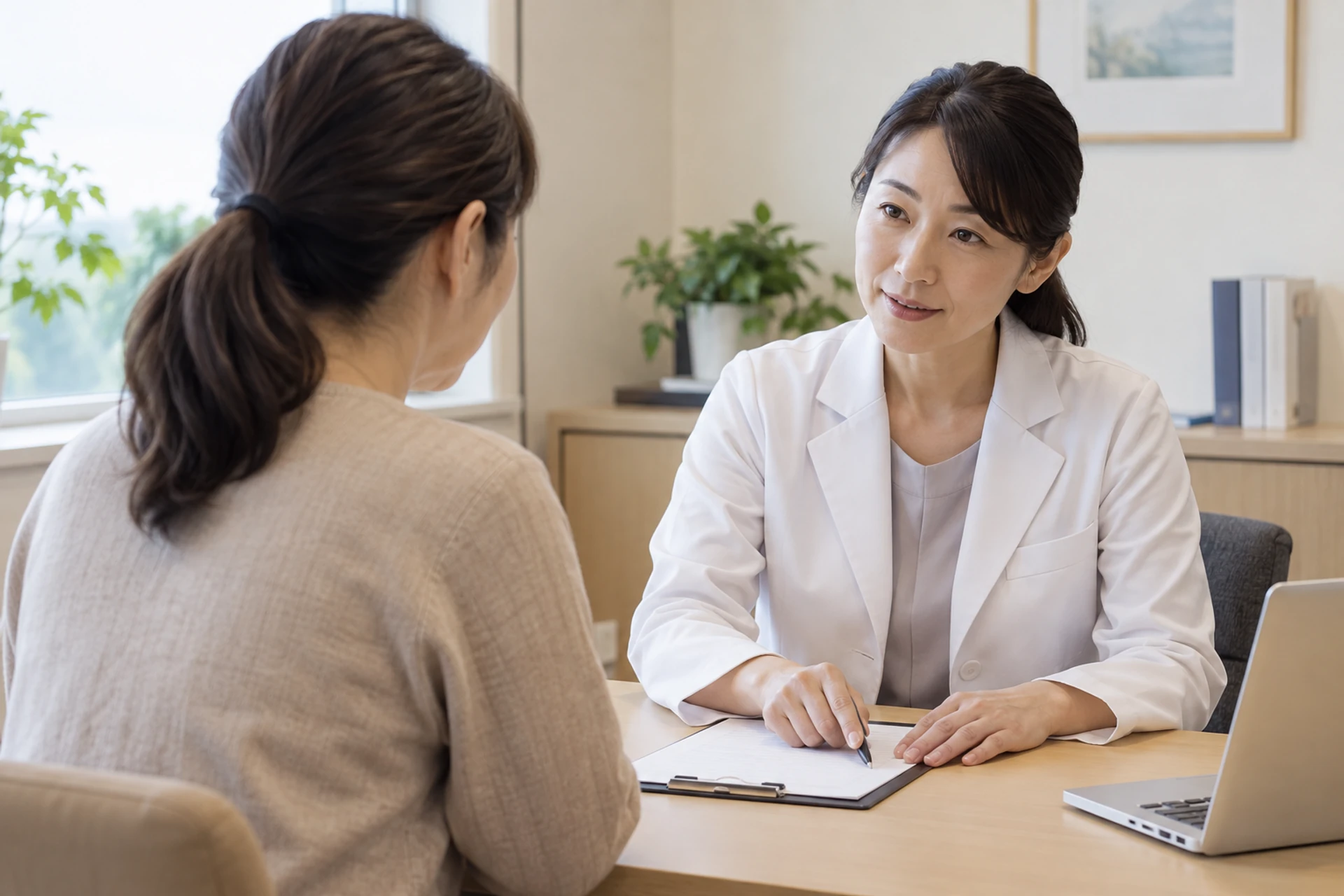 検査前の不安について医療者へ相談する女性のイメージ