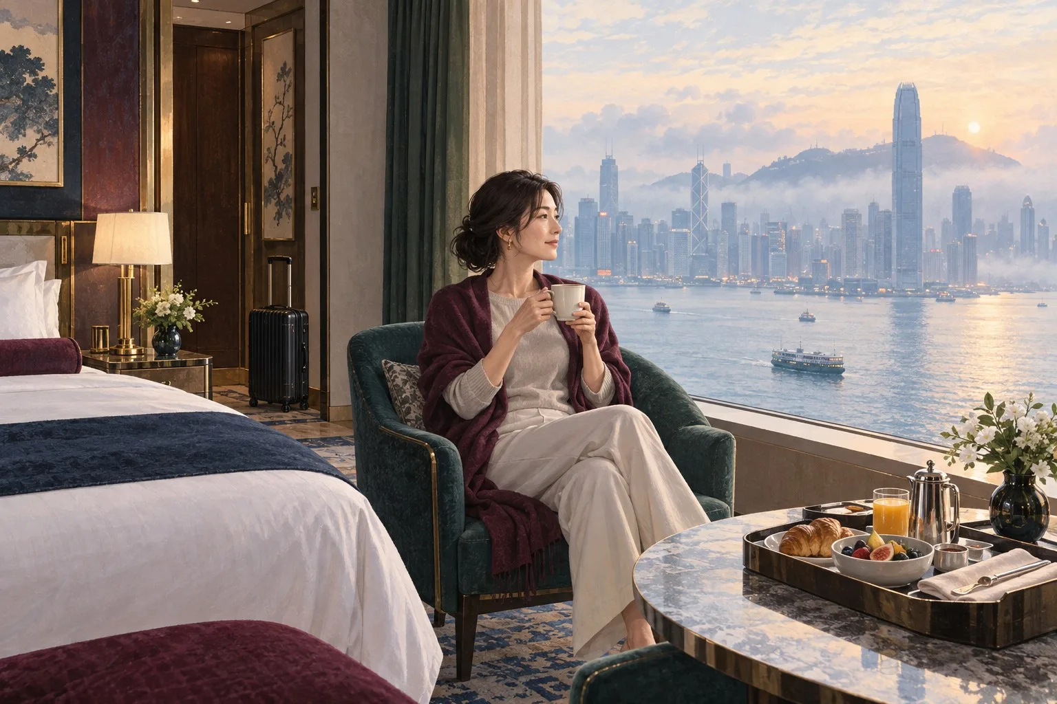 香港の高級ホテルの窓辺でチェックアウト前の朝食を楽しむ一人旅の女性の情景イラスト
