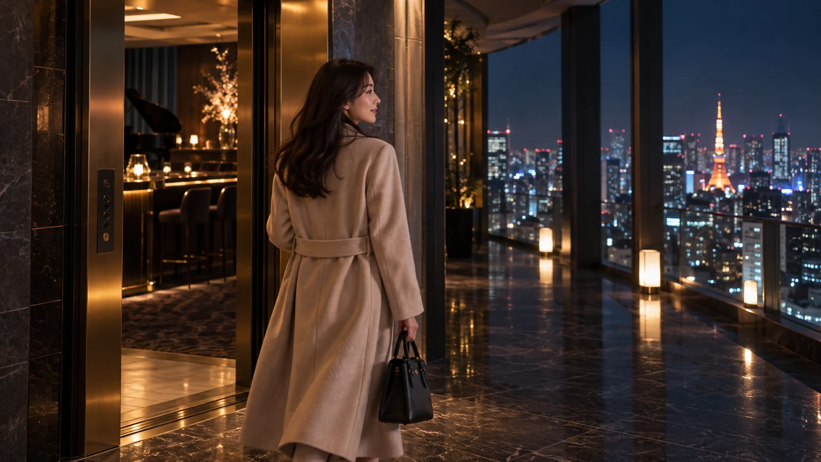 高級レストランを出て夜の歩道を歩き始める一人の女性