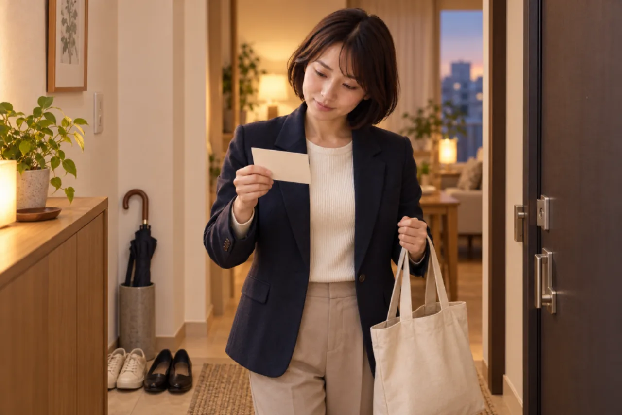 予約日時を確認して玄関でバッグを持つ葵さん