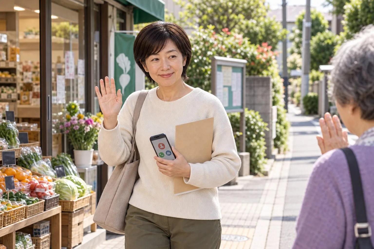 地域の相談先からの帰りに近所の人と挨拶を交わす美咲さん