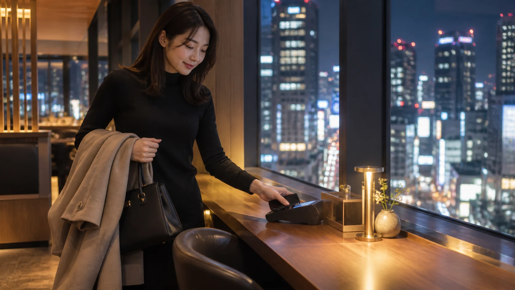 窓向きの一人席でスマートフォン決済をして帰る女性