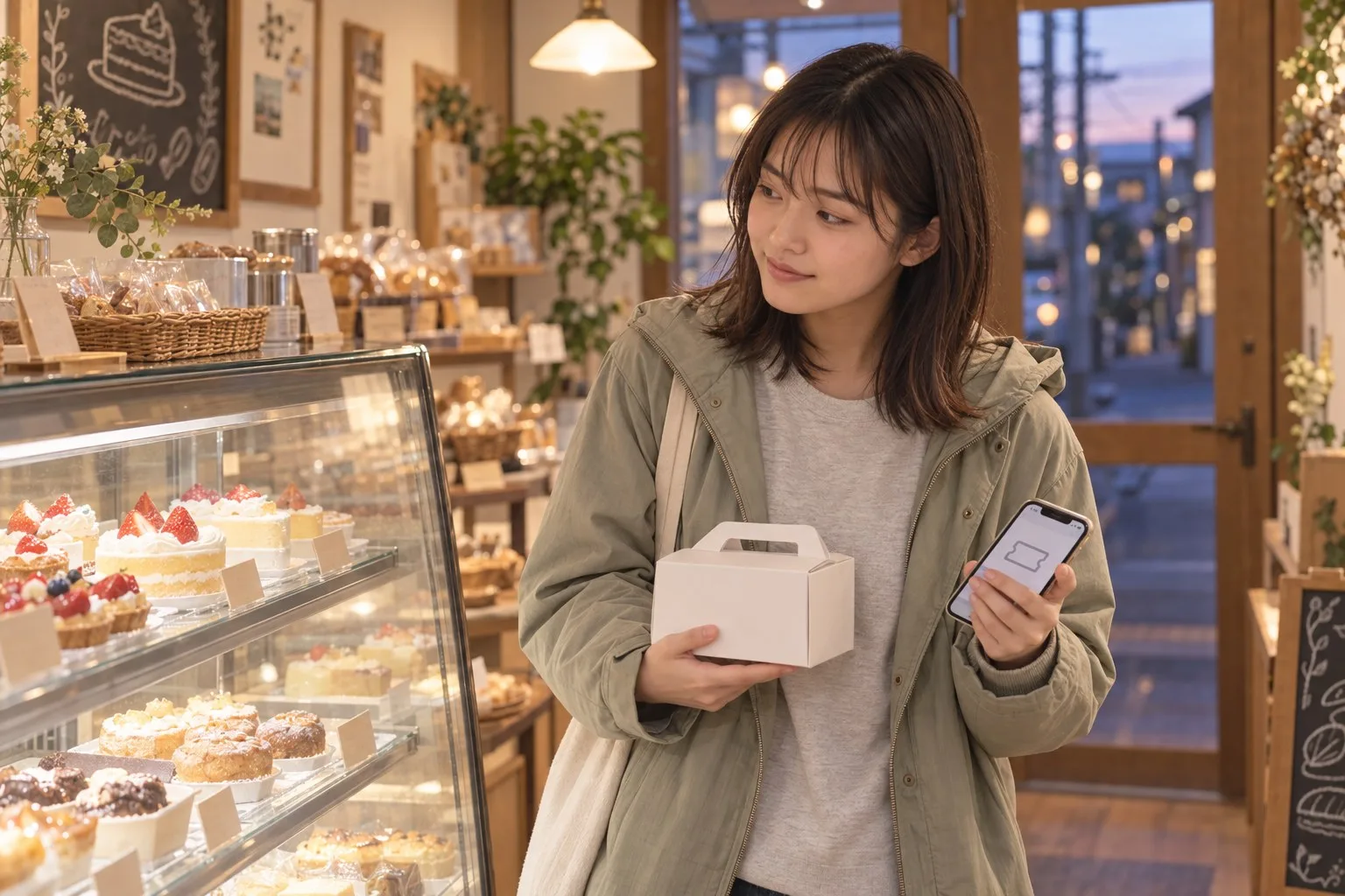 予定を分けたあと、近所の店で小さな誕生日ケーキを選ぶ栞さん